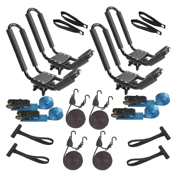 Kayak Roof Rack 2-Pack - J-Style Carrier for Kayak Canoe Surf Ski - 75lb Capacity - Heavy Duty Crossbar Mount with Tie Down Straps