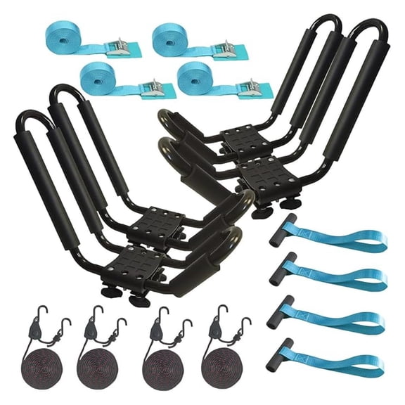 Kayak Roof Rack 2 Pairs - J-Bar Carrier for Canoe, Surf Ski, SUP - Heavy Duty Steel with Ratchet Tie - Car Top Mount Crossbar