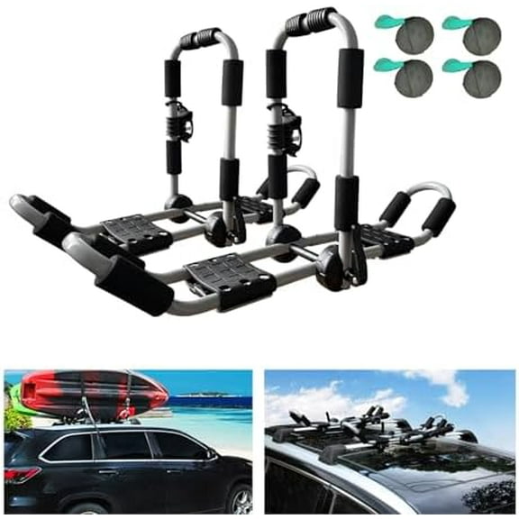 Kayak Roof Rack 4-in-1 Folding Adjustable Bilateral J-Shaped Roof Rack for Kayak/Surf/Ski Roof Rack with 4 PCS Tie Down Straps On Rooftop Mount on Car SUV Truck Crossbar