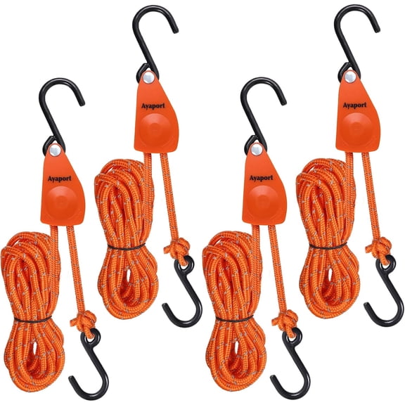 Kayak Rope Tie Down 1/4" 14ft Ratchet Straps Bow and Stern Ratcheting Tie Downs Rope Hanger Kayak and Canoe Accessories Orange