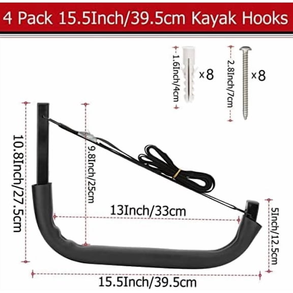 Kayak Storage Hooks, Wall Mount Garage Canoe Storage Hangers for Kayaks or Paddleboards, Heavy Duty Wall Rack