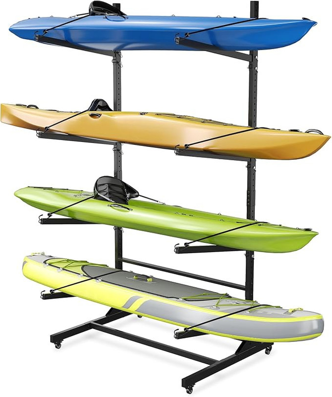 Kayak Storage Rack for 2-6 Kayaks Freestanding Kayak Rack for Outdoor Storage with Movable Wheels, Heavy-Duty Steel Kayak Hanger Holder with Hanging Straps