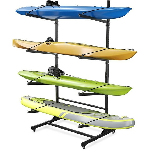 Kayak Storage Rack for 2-6 Kayaks Freestanding Kayak Rack for Outdoor Storage with Movable Wheels, Heavy-Duty Steel Kayak Hanger Holder with Hanging Straps