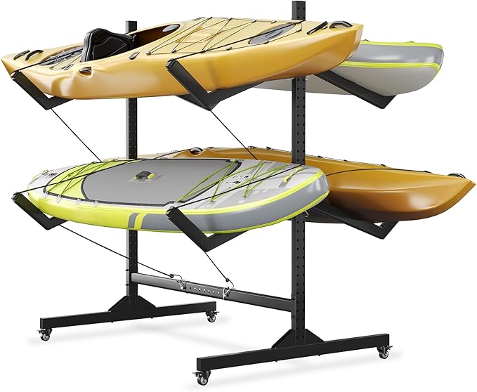 Kayak Storage Rack for 2-6 Kayaks Freestanding Kayak Rack for Outdoor Storage with Movable Wheels, Heavy-Duty Steel Kayak Hanger Holder with Hanging Straps
