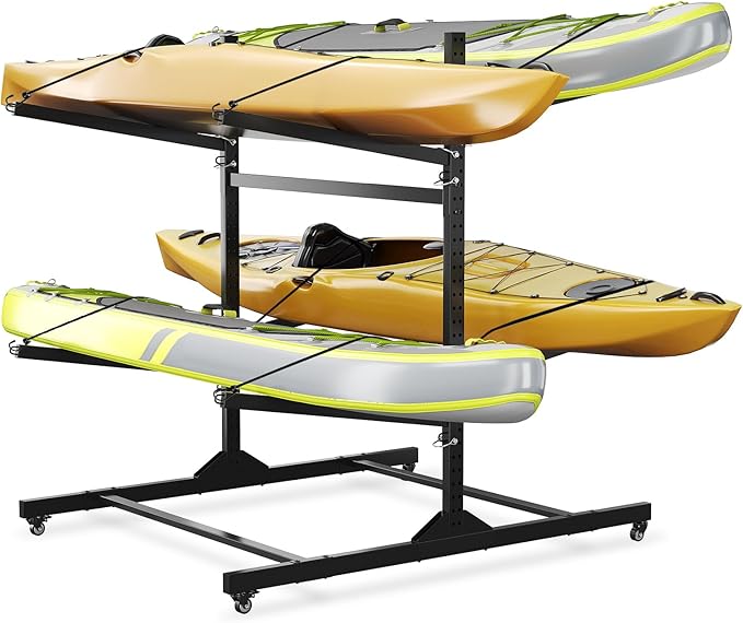 Kayak Storage Rack for 2-6 Kayaks Freestanding Kayak Rack for Outdoor Storage with Movable Wheels, Heavy-Duty Steel Kayak Hanger Holder with Hanging Straps