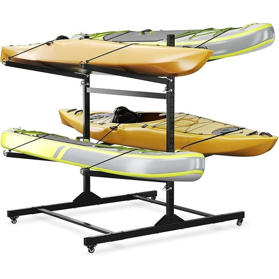 Kayak Storage Rack for 2-6 Kayaks Freestanding Kayak Rack for Outdoor Storage with Movable Wheels, Heavy-Duty Steel Kayak Hanger Holder with Hanging Straps