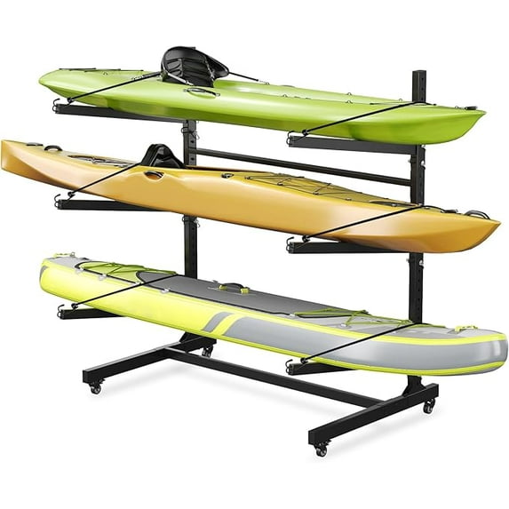 Kayak Storage Rack for 2-6 Kayaks Freestanding Kayak Rack for Outdoor Storage with Movable Wheels, Heavy-Duty Steel Kayak Hanger Holder with Hanging Straps