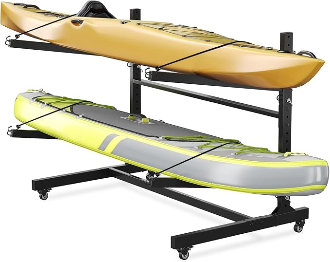 Kayak Storage Rack for 2-6 Kayaks Freestanding Kayak Rack for Outdoor Storage with Movable Wheels, Heavy-Duty Steel Kayak Hanger Holder with Hanging Straps