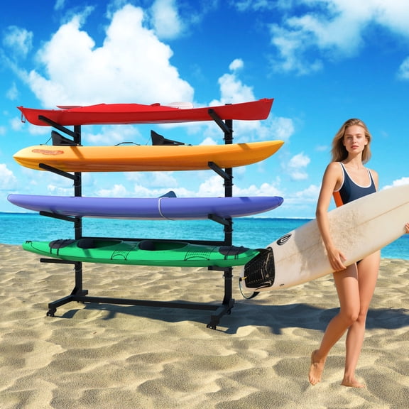 Kayak Storage Rack for 4 Kayaks, Heavy Duty Adjustable Stand for Kayaks/Canoes/Surfboards, Space Saving Kayak Rack, Wide Anti-Tip Base, Sturdy Metal Frame for Indoor Outdoor Garage Storage