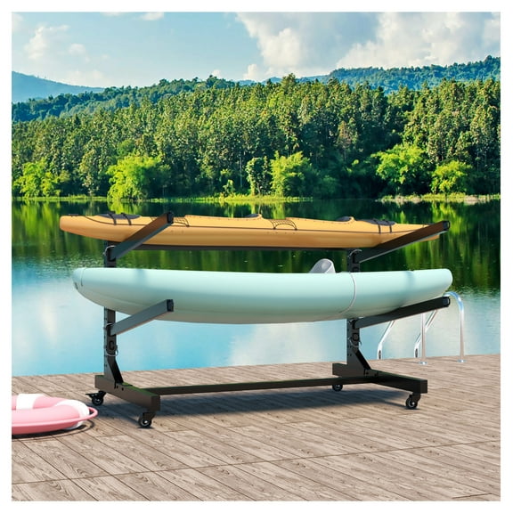 Kayak Storage Rack - Freestanding Stand for 2 Kayaks, Canoe, SUP - Heavy Duty Adjustable Rack with Lockable Wheels Water Sports + Black + Durable + Garden & Outdoor + Modern + Multifunctional + Metal
