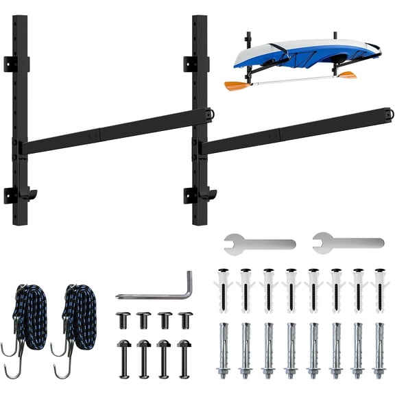Kayak Storage Rack for Garage Wall Mount - Heavy L-Frame Holder with Anti-Slip Bungee & Complete Installation Kit, Supports 150LB (Fits Canoe/Paddle Board, Black)