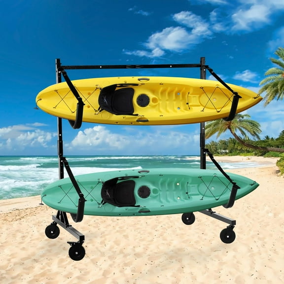 Kayak Storage Rack,Heavy-Duty Kayak Hanger Holder w/Lockable Wheels&Adjustable Width, Freestanding Storage Stand for Kayak Canoe Boat Paddle Board SUP Surfboard for Outdoor Garage, Dock (Black, 2P)