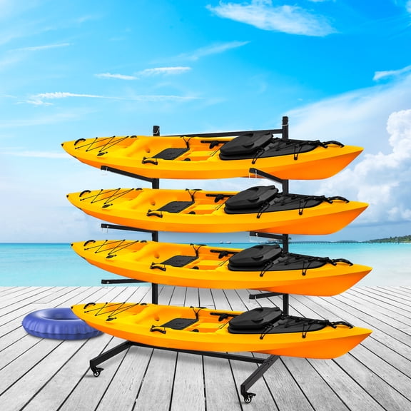 Kayak Storage Rack, Heavy Duty Kayak Racks for Garage and Outdoor Storage, Freestanding Kayak Stand with Wheels for Kayak, Canoe, Surfboard, Paddleboard,Black-3 Layers