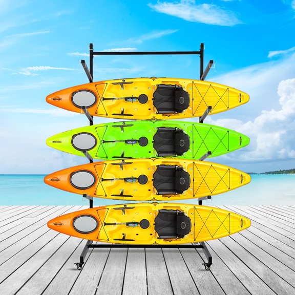 Kayak Storage Rack, Widen & Lengthen Freestanding Kayak Stand with Wheels for Kayak, Canoe, Surfboard, Paddleboard, Heavy Duty Kayak Racks for Garage and Outdoor Storage， 4 layers