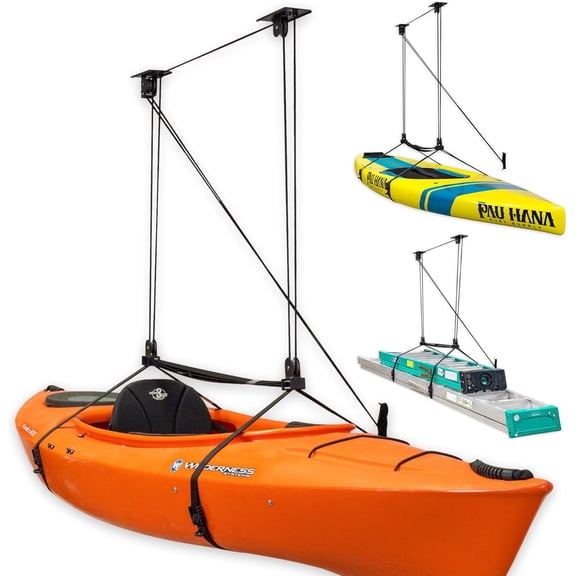 Kayak and Canoe Ceiling Hoist Overhead Garage Storage Rack for Kayaks, Canoes, Paddle Gear Heavy Duty Pulley System Indoor Mount