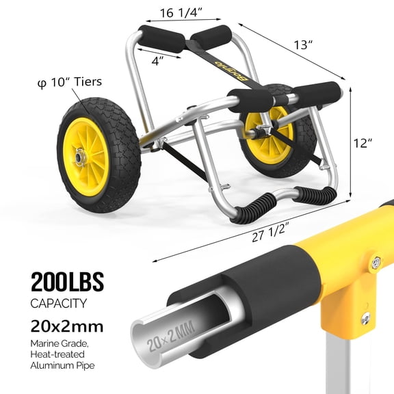 Kayak trolley, canoe trailer, fishing kayak accessories transport vehicle, foldable paddleboard trolley, boat trailer transport vehicle, equipped with pneumatic tires and 2 ratchet straps.