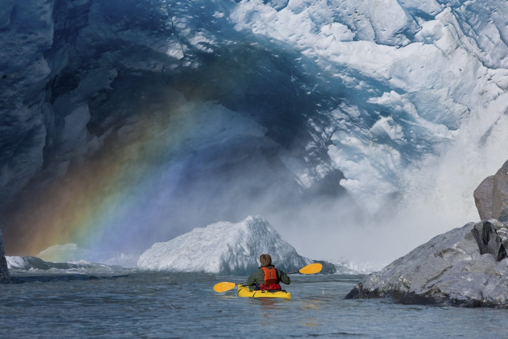 A Kayaker Explores A Melt Stream Gushing From Beneath Mendenhall Glacier Mendenhall Lake Tongass National Forest Juneau Alaska Canvas Art - John Hyde Design Pics (34 x 22)