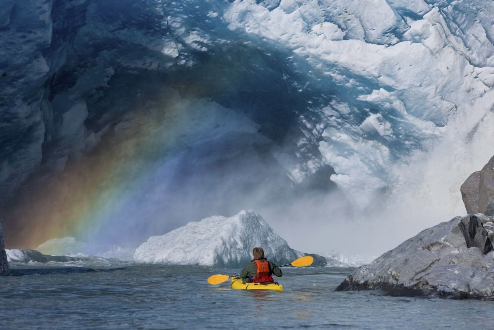 A Kayaker Explores A Melt Stream Gushing From Beneath Mendenhall Glacier Mendenhall Lake Tongass National Forest Juneau Alaska Canvas Art - John Hyde Design Pics (17 x 11)