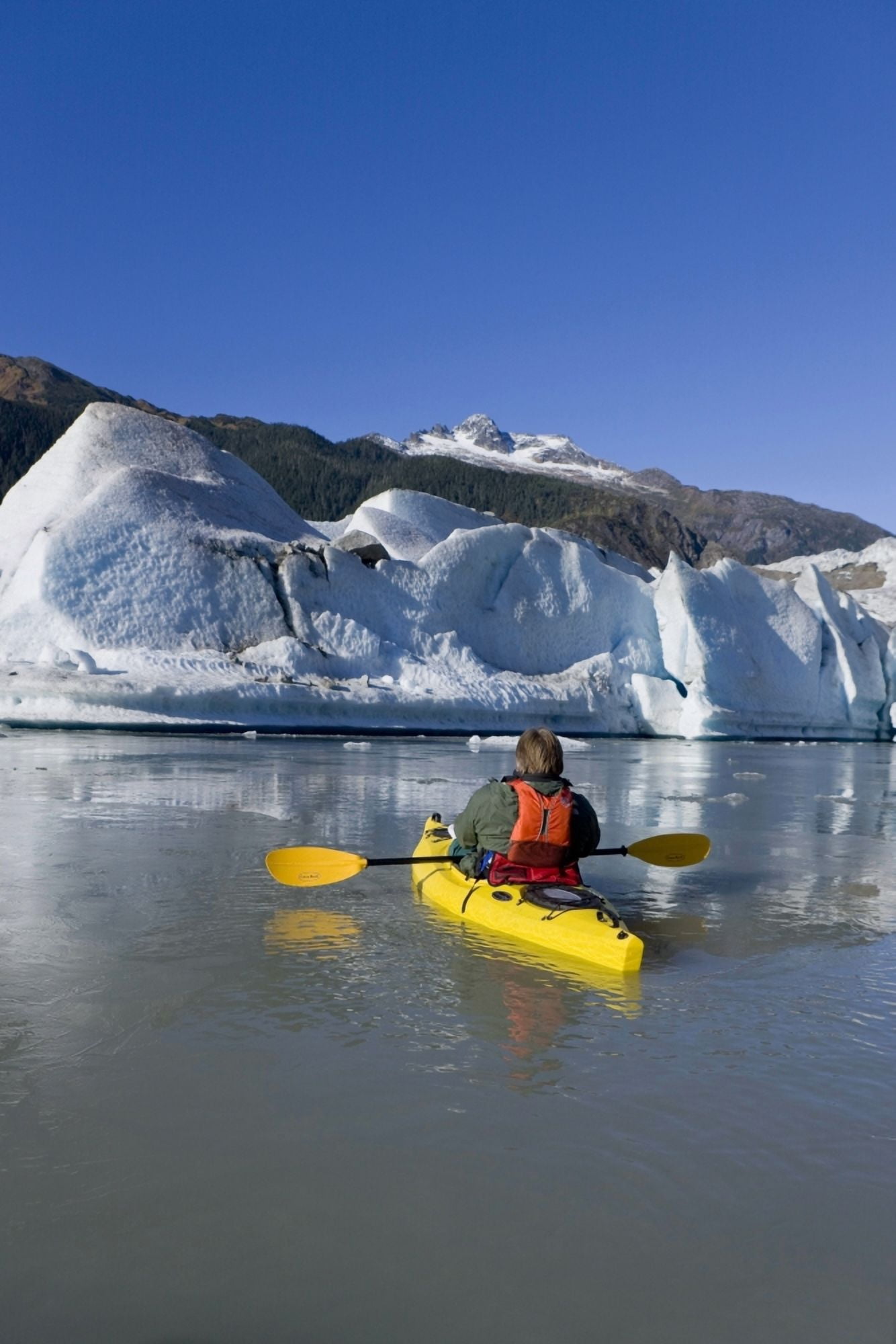 A Kayaker Paddles The Icy Waters Of Mendenhall Lake On A Crisp Fall Morning With Mendenhall Glacier And Mt Stroller White In The Background Southeast Alaska Canvas Art - John Hyde Design Pics (22 x 3