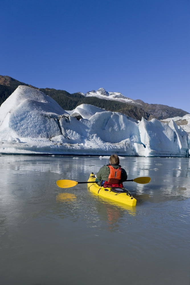 A Kayaker Paddles The Icy Waters Of Mendenhall Lake On A Crisp Fall Morning With Mendenhall Glacier And Mt Stroller White In The Background Southeast Alaska Canvas Art - John Hyde Design Pics (11 x 1
