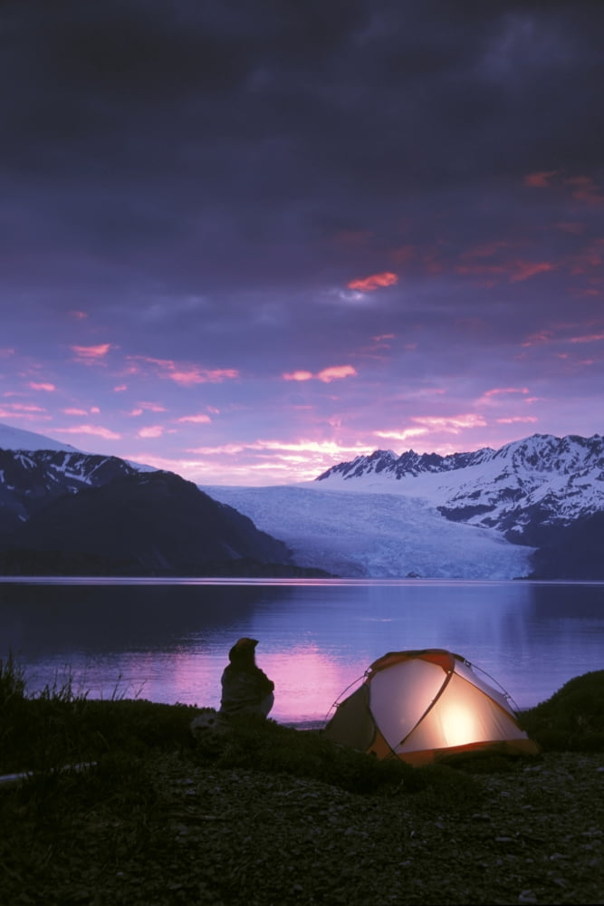 Kayaker Tent Camping At Dusk Pederson Glacier Kenai Fjords Np Kp Ak Canvas Art - Michael DeYoung Design Pics (11 x 17)