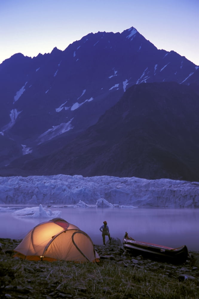 Kayaker Tent Camping At Dusk Pederson GlacierNkenai Fjords National Park Kenai Peninsula Southcentral Alaska Canvas Art - Michael DeYoung Design Pics (11 x 17)