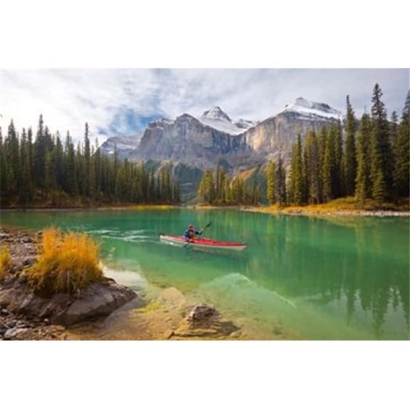 Kayaker on Maligne Lake Jasper National Park Alberta Canada Poster Print by Gary Luhm - 29 x 19 in.