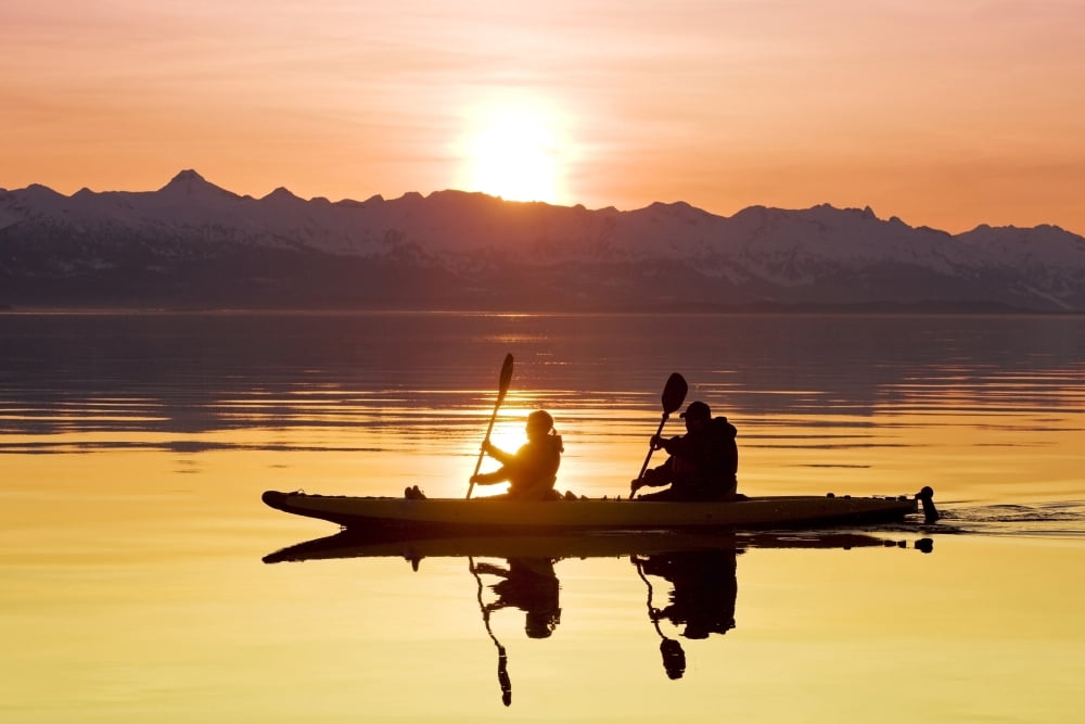 Kayakers Paddle The Calm Waters Of Alaskas Lynn Canal At Sunset With The Chilkat Mountains In The Background Tongass National Forest Alaska Canvas Art - John Hyde Design Pics (36 x 24)