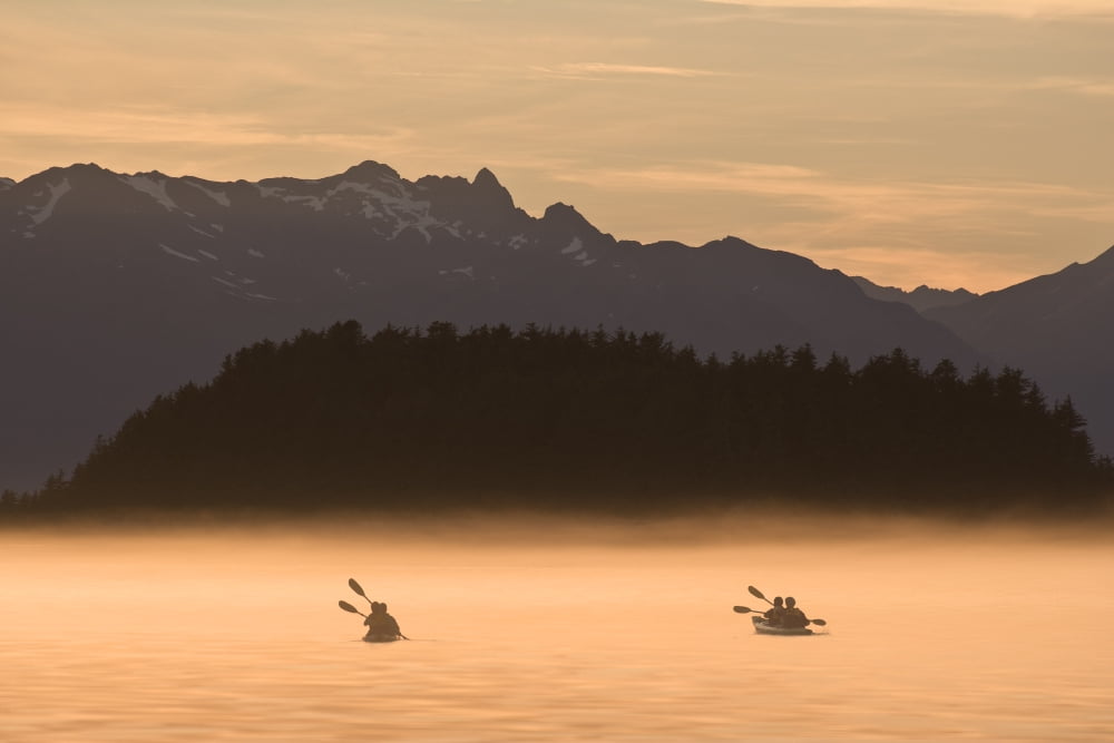 Kayakers Paddling Through The Misty Waters Of Favorite Passage Near Sentinel Island Summer In Southeast Alaska Canvas Art - John Hyde Design Pics (17 x 11)