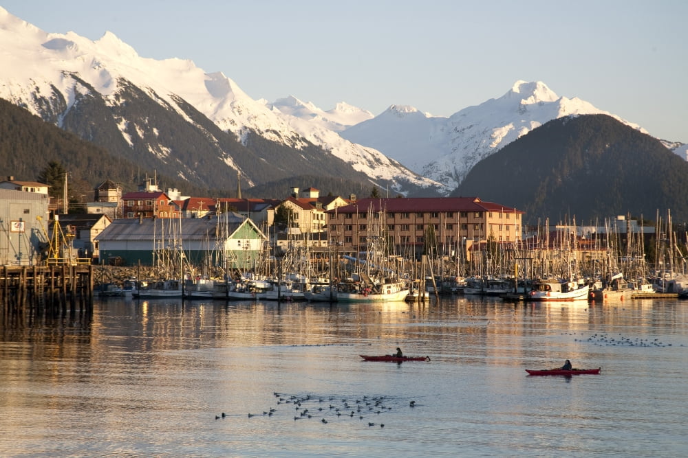 Kayakers In Sitka Sound At Sunset Between Japonski & Baranof Islands With Sitka In Background Southeast Alaska Canvas Art - Ernest Manewal Design Pics (18 x 12)