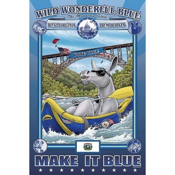 Kayaking Blue the Donkey white water rafts while a skydiver jumps off the bridge holding an American Flag in the wilderness of this state Poster Print by Richard Kelly (24 x 36)
