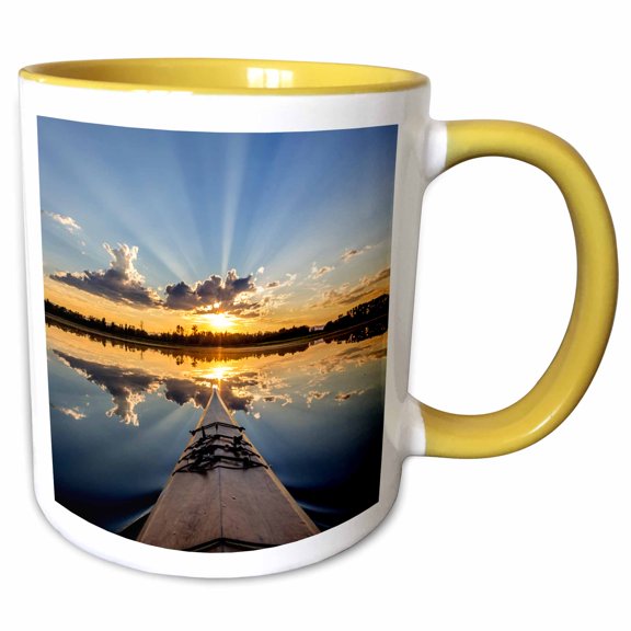 3drose, Kayaking into Sunset Rays on Mcwennger Slough Near Kalispell, Montana, 11oz Two-tone Yellow Mug