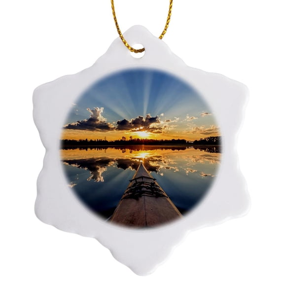 3drose, Kayaking into Sunset Rays on Mcwennger Slough Near Kalispell, Montana, 3 inch Snowflake Porcelain Ornament