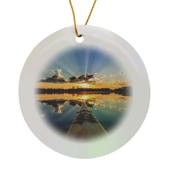 3drose, Kayaking into Sunset Rays on Mcwennger Slough Near Kalispell, Montana, Circle Porcelain Ornament