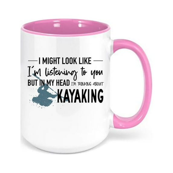 Kayaking Mug, Kayak Gift, Thinking About Kayaking, Kayak Coffee Mug, Rafting Gift, Sublimated Design, Kayaking Gift, Gift For Kayaker, PINK