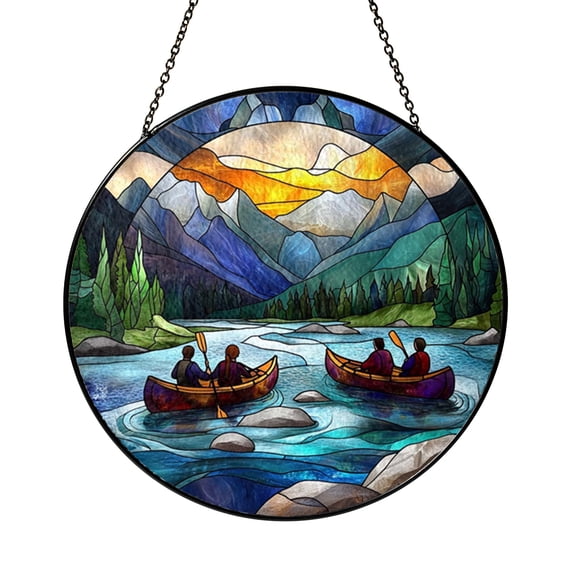 Kayaking River Scene Stained Glass Style Ornament, Christmas Tree Hanging Decor for Outdoor Nature Lovers
