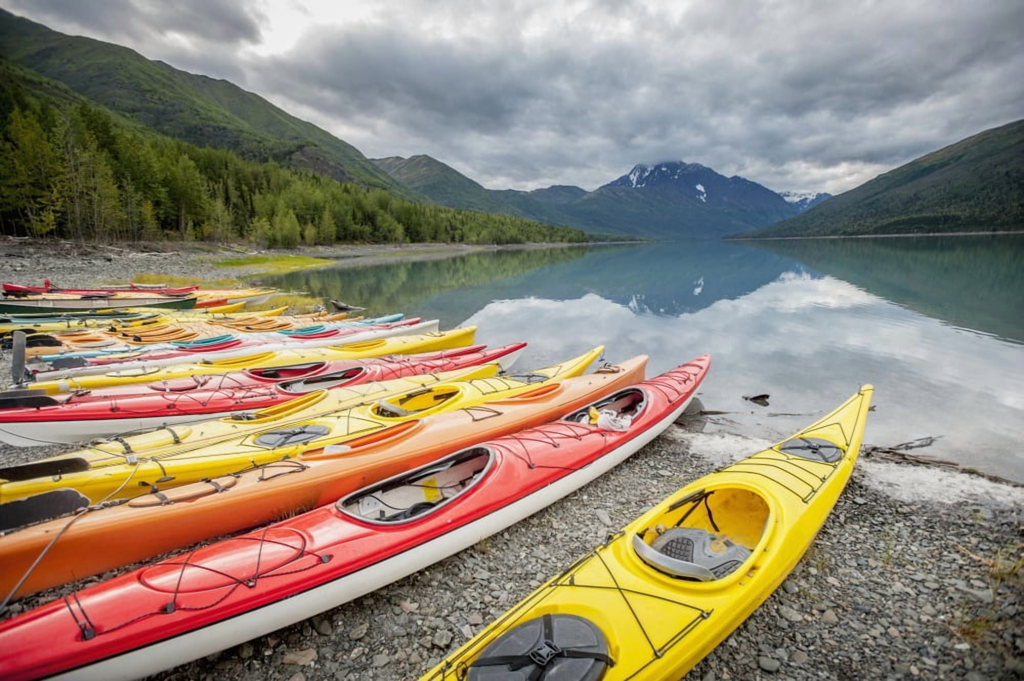 Kayaks in a row on shore at Eklutna Lake Chugach Mountains Southcentral Alaska Canvas Art - Remsberg Inc Design Pics (38 x 24)