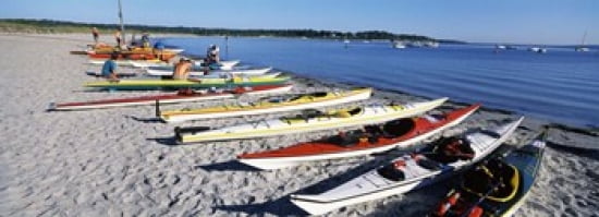 Kayaks on the beach Third Beach Sakonnet River Middletown Newport County Rhode Island USA Canvas Art - Panoramic Images (36 x 13)