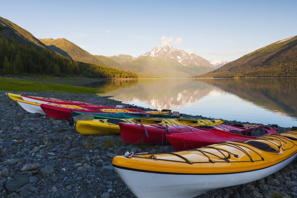 Kayaks on the shore of Eklutna Lake Chugach Mountains Chugach State Park Alaska United States of America Canvas Art - Michael DeYoung Design Pics (19 x 12)