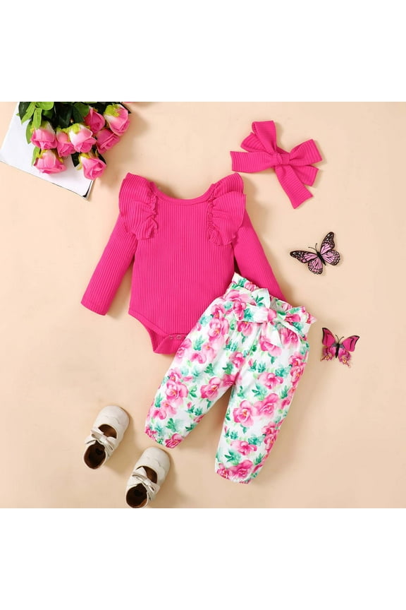 Baby Girl Clothes Long Sleeve Fall Winter Newborn Baby Girl Clothes Infant Outfits Ruffle Sleeve Romper Bodysuit Floral Pants Toddler Girl Outfits,Red