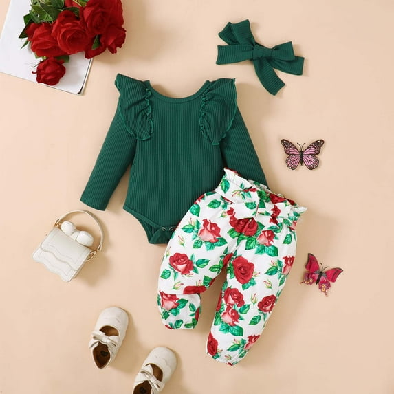 Kayannuo Baby Girl Clothes Long Sleeve Fall Winter Newborn Baby Girl Clothes Infant Outfits Ruffle Sleeve Romper Bodysuit Floral Pants Toddler Girl Outfits