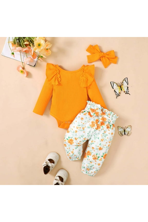 Baby Girl Clothes Long Sleeve Fall Winter Newborn Baby Girl Clothes Infant Outfits Ruffle Sleeve Romper Bodysuit Floral Pants Toddler Girl Outfits,Yellow