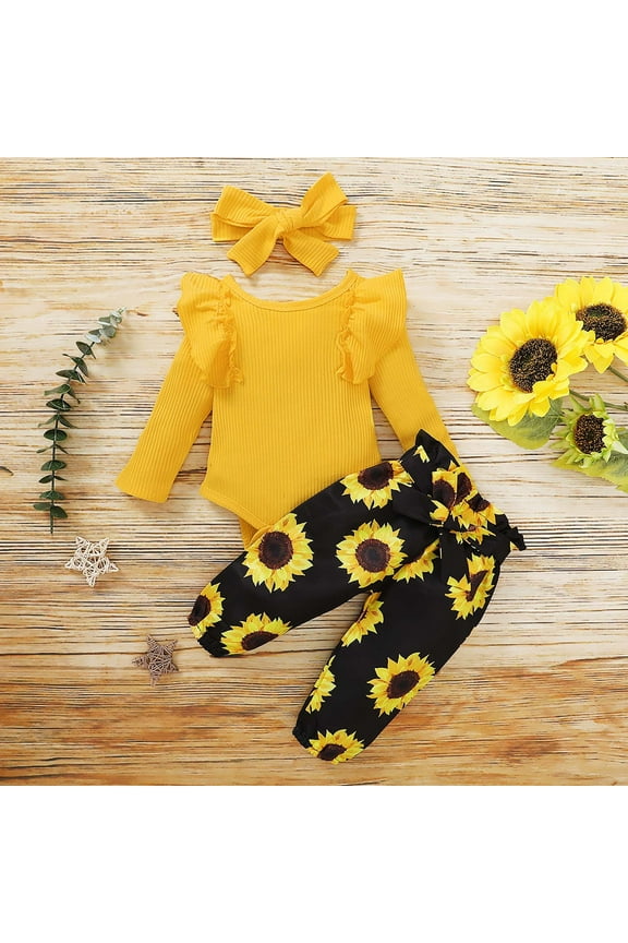 Baby Girl Clothes Long Sleeve Fall Winter Newborn Baby Girl Clothes Infant Outfits Ruffle Sleeve Romper Bodysuit Floral Pants Toddler Girl Outfits,Yellow