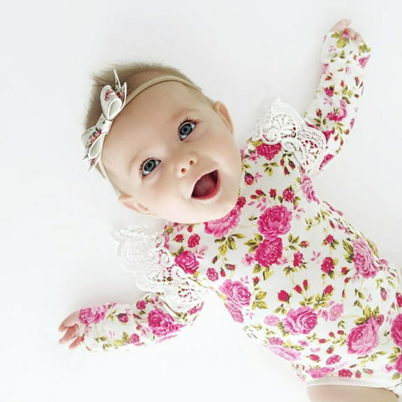 Kayannuo Baby Girl Clothes Long Sleeve Fall Winter Newborn Infant Baby Girls Fashion Floral Lace Patchwork Romper Bodytsuit Outfits