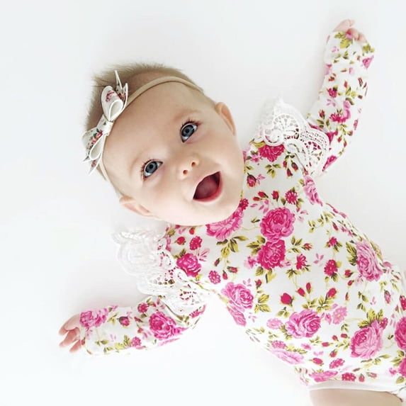 Kayannuo Baby Girl Clothes Long Sleeve Fall Winter Newborn Infant Baby Girls Fashion Floral Lace Patchwork Romper Bodytsuit Outfits