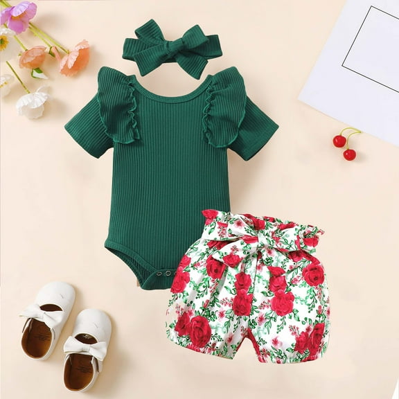 Kayannuo Baby Girl Clothes Short Sleeve summer Newborn Baby Girl Clothes Infant Outfits Ruffle Sleeve Romper Bodysuit Floral Pants Toddler Girl Outfits