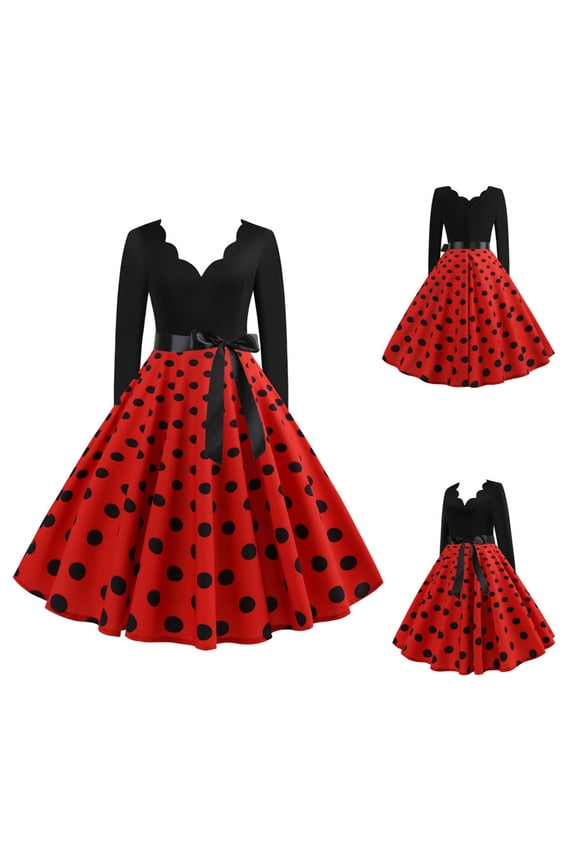 Back to School Prom Dress Women Dress Clothing Fashion Womens A Line Flare Vintage Dress Prom Swing Long Sleeve Polka Dot Printing Party Dress
