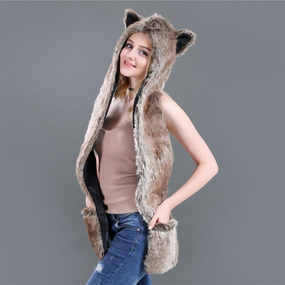 Kayannuo Back to School Male Female Faux Animal Hood Cap Mittens Ears Cartoon Hat Gloves Scarf Pocket Christmas Gifts