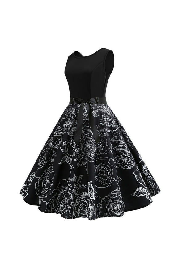 Back to School Prom Dress Women Dress Clothing Women's Summer Sleeveless O Neck Vintage Print Bow Splicing Party Swing Dress