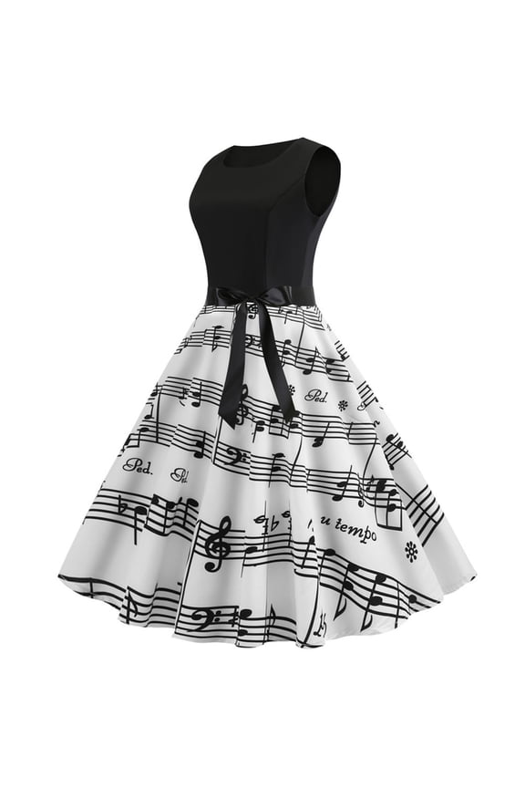 Back to School Prom Dress Women Dress Clothing Women's Summer Sleeveless O Neck Vintage Print Splicing Party Swing Dress